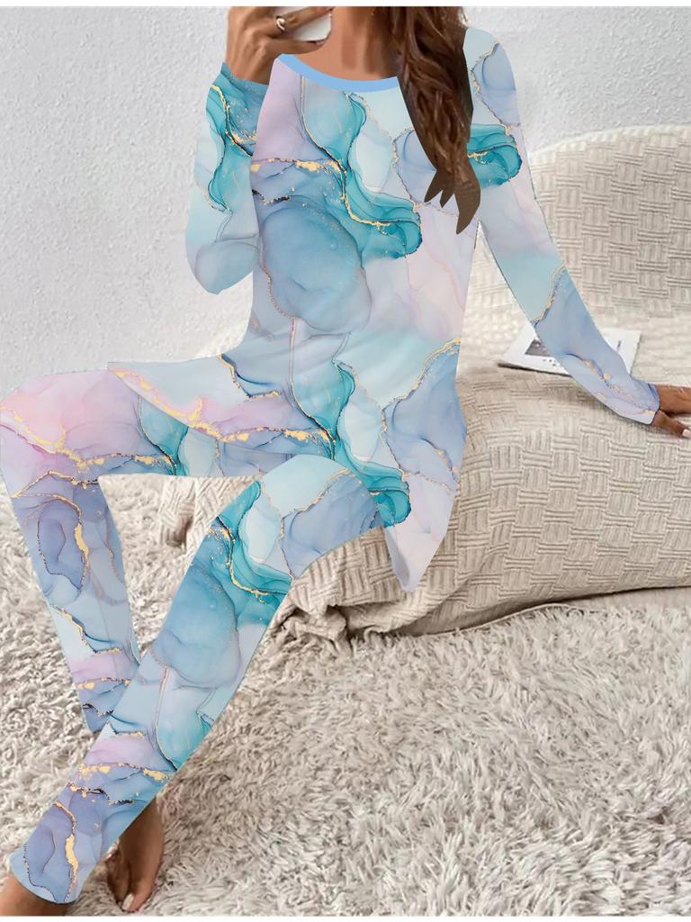 Euro-American Fashion 3D Marbling Printed Women's  Four-season Long-sleeved T-shirt + Long Pants Two-piece Set. Perfect Gift for New Year