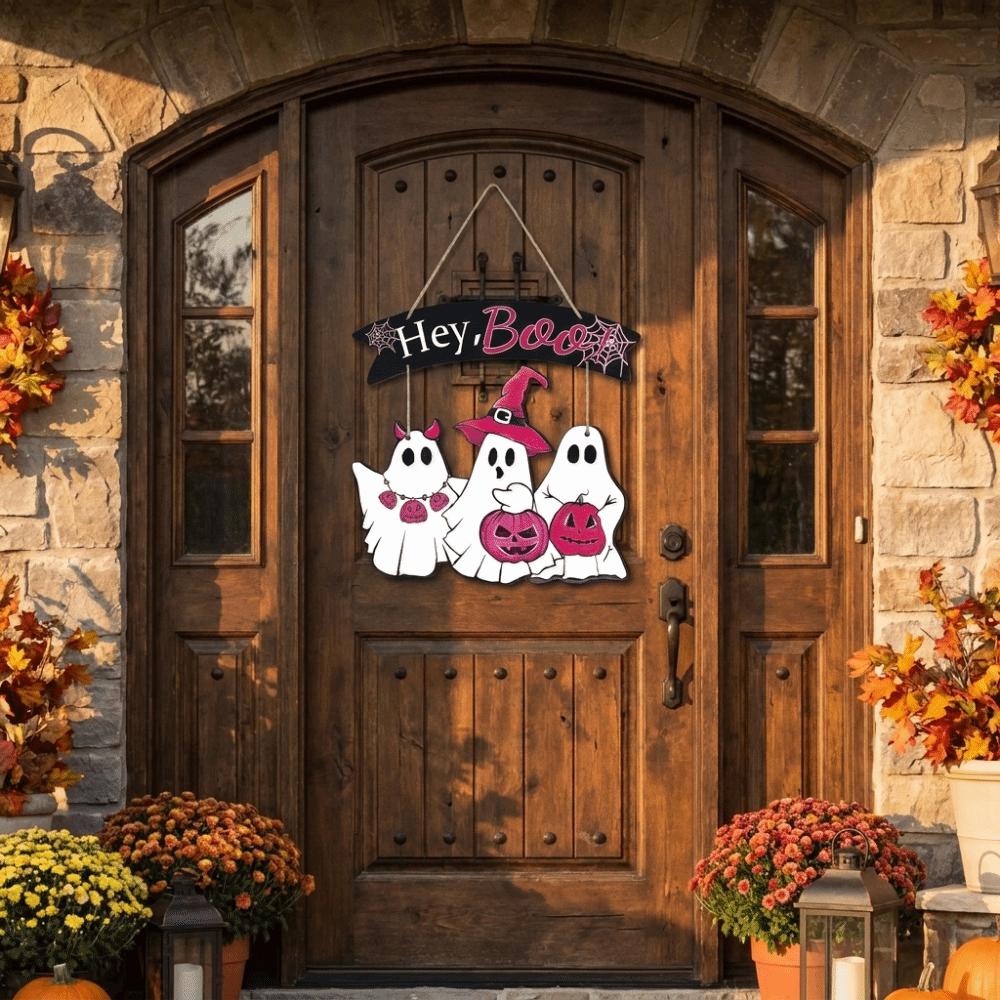 Wooden Halloween Ghost Door Sign 2D Flat Haunted House Hanging Door Plate Wall