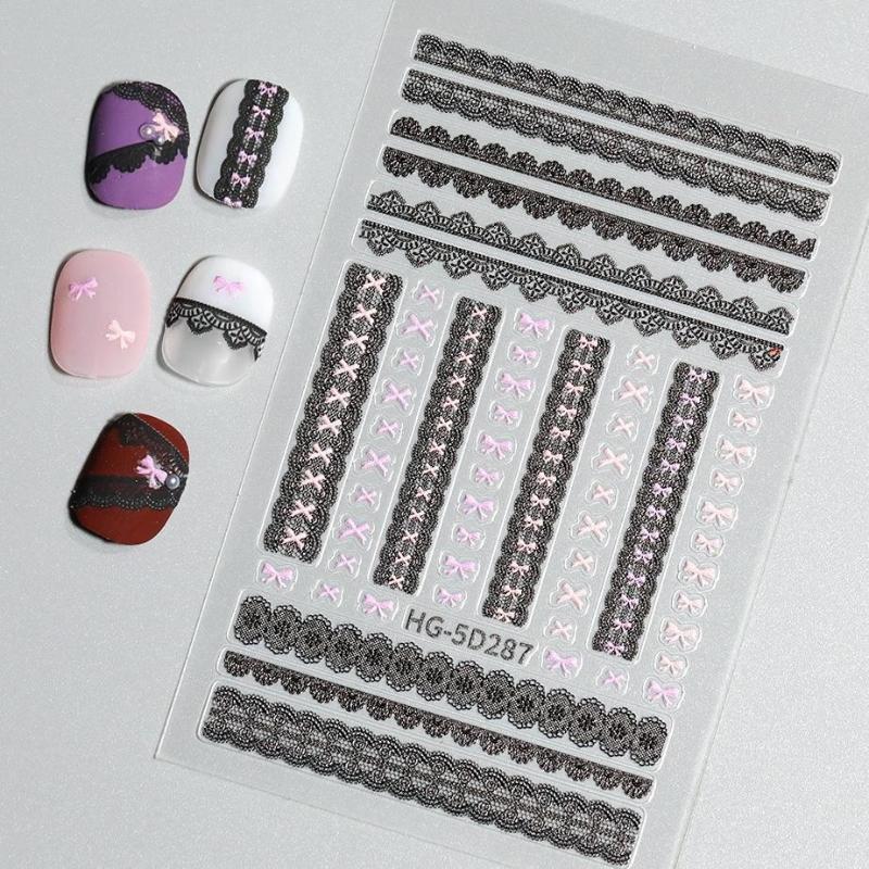 1/3Pcs Bow Lace Nail Stickers With Sweet Hearts Self Adhesive Nail Art Stickers Decals Japanese Winter Knit Lace Decoration