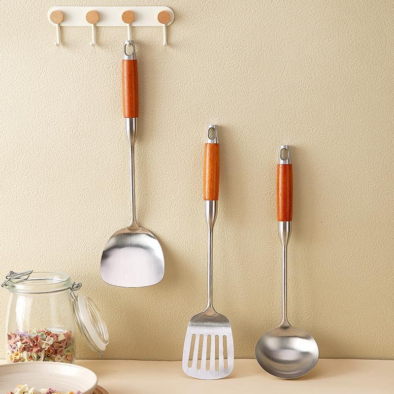 Stainless Steel Kitchen Utensil Set Heat Resistant Natural Wooden Handles Dishwasher Safe Cooking Tools for New Home Gift