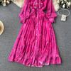 Autumn Women Vintage Printed Pleated Long Dress Female Red/Green/Blue/Yellow Draped Ruffle Single Breasted Maxi Robe Vacation Dresses