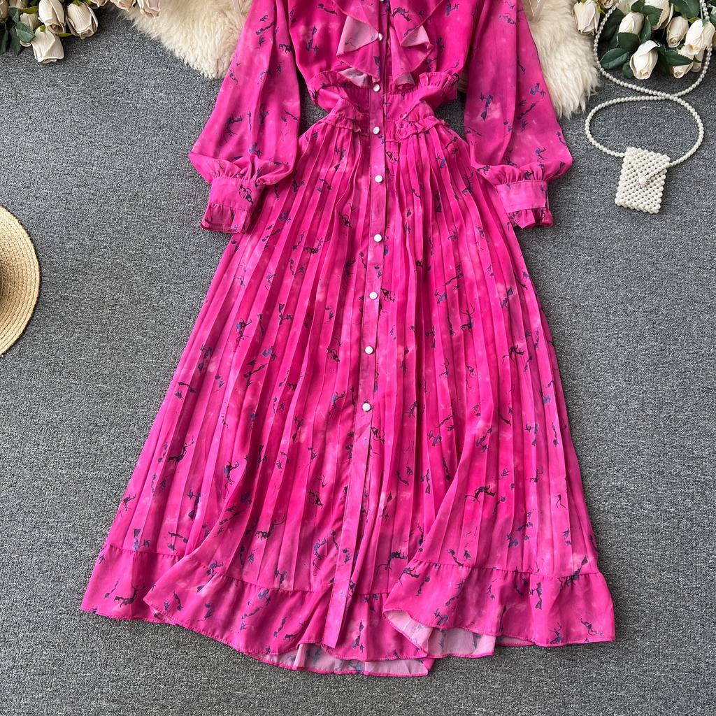 Autumn Women Vintage Printed Pleated Long Dress Female Red/Green/Blue/Yellow Draped Ruffle Single Breasted Maxi Robe Vacation Dresses