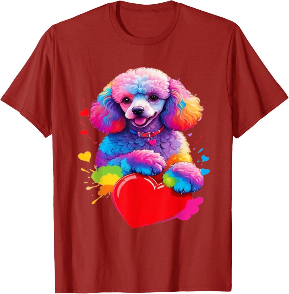 Colorful Rainbow Poodle Heart Graphic Tee Men Casual Short Sleeve Cotton Print T-Shirt