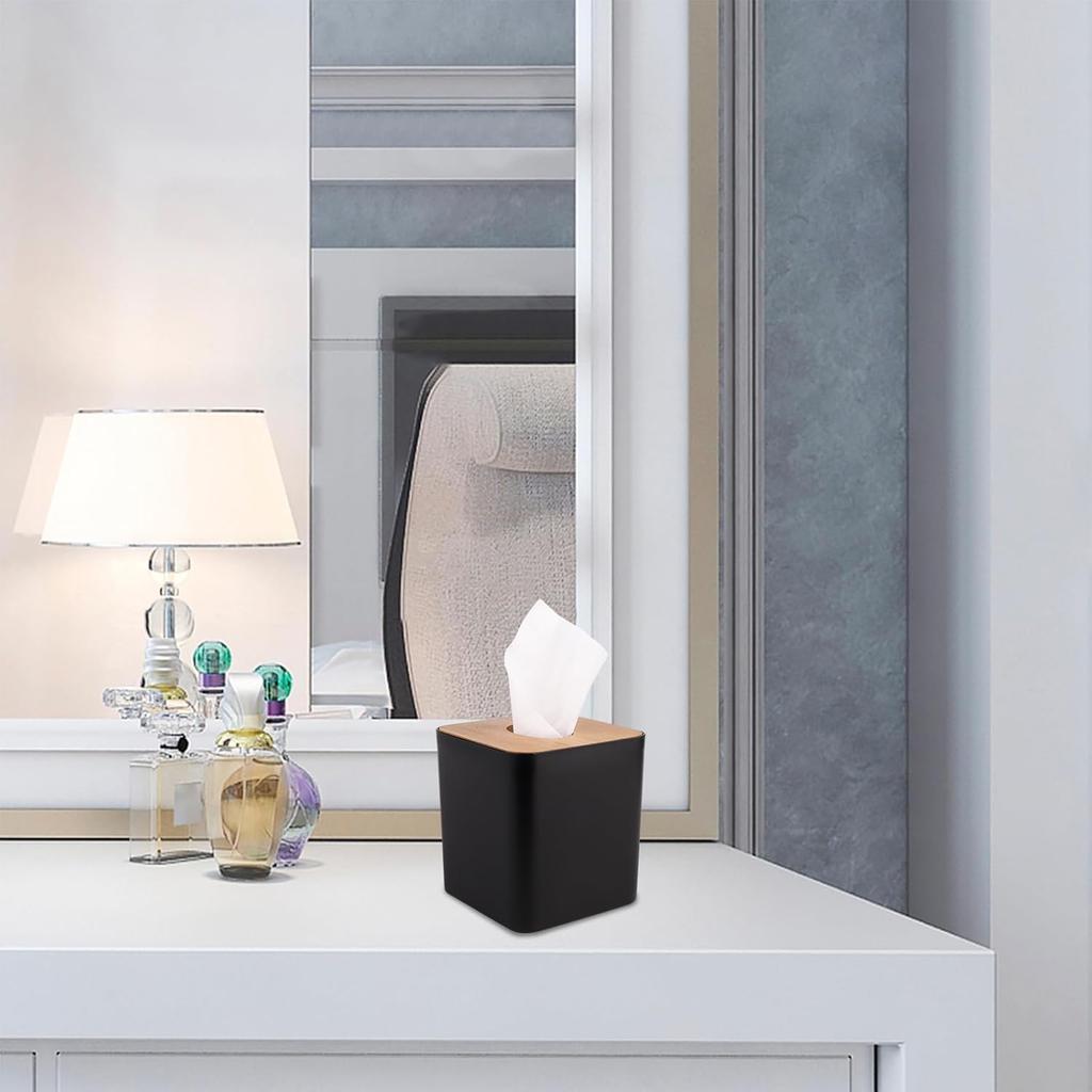 Modern Tissue Box Cover with Bamboo Lid, Square Tissue Holder,for bedrooms, Offices, bathrooms, Living Rooms etc(Black)