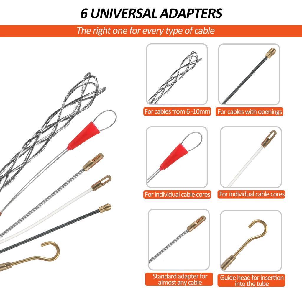 Cable Retractable Aid 30m High-Quality Retractable Spiral Including 6 Adapters Pull Wire for Empty Pipes with Shatterproof Cable