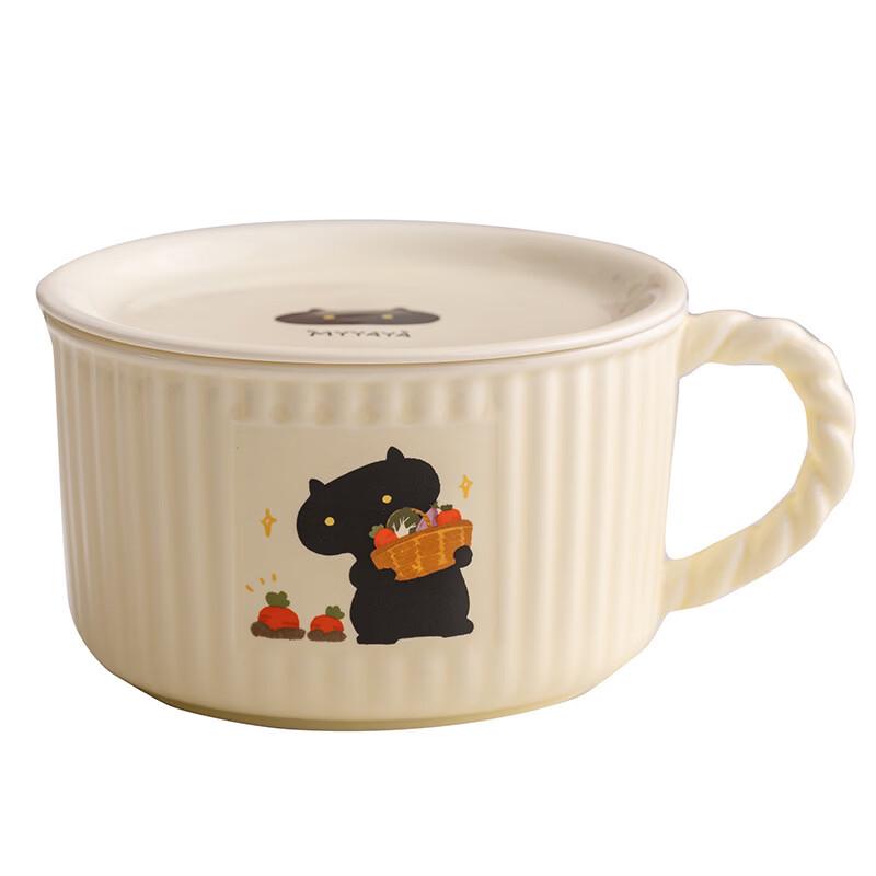 

ZISIZ Cartoon Cat Ceramic Instant Noodle Bowl with Lid