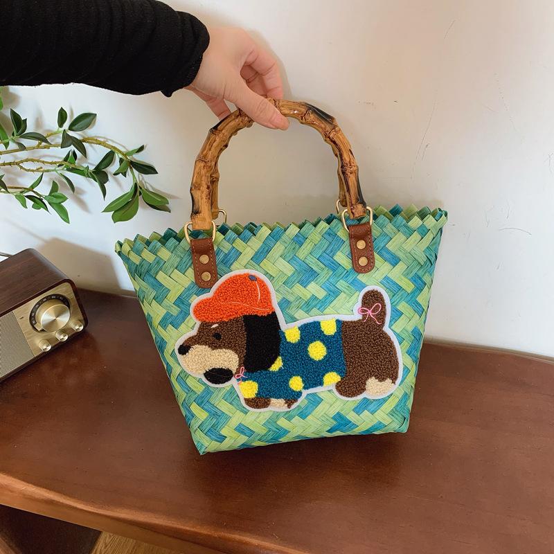 

Large capacity dachshund handwoven bag vegetable basket rattan handbag work sundries small bag picnic women s bag зелёный