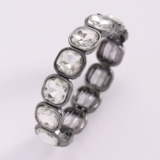 Women Bracelet Elastic Beaded Square-Cut Rhinestone Design Metal Edging Bracelet Cool Girl Layered Wear
