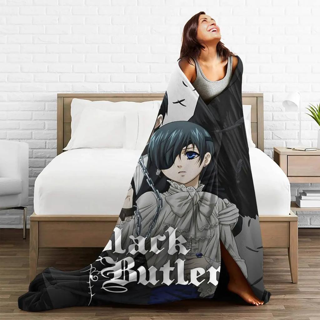 Black Butler Japanischer Anime Kuroshitsuji Decken Flanell Sommer Atmungsaktiv Weich Überwurfdecke für Sofa Auto Bettbezug