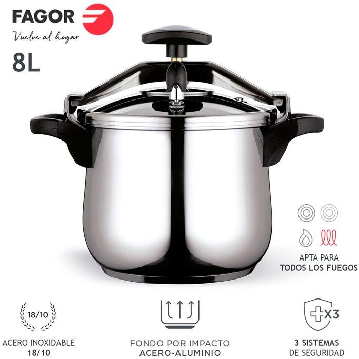 Schnellkochtopf mit Bügelverschluss 8 L, Induktion, Edelstahl. 18/10, 3 Sicherheitssysteme FAGOR Clásica Bombe 8 Silber 800116