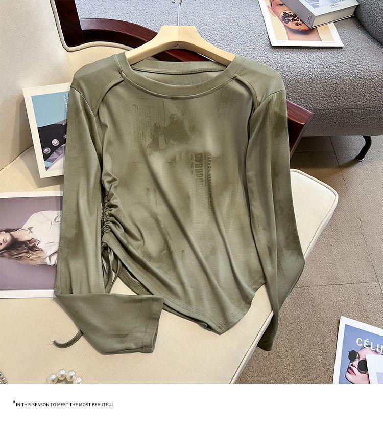 Tie-Dye Women's Irregular Long Sleeve Drawstring Slimming T-Shirt - Korean Style for Spring/Autumn 2025