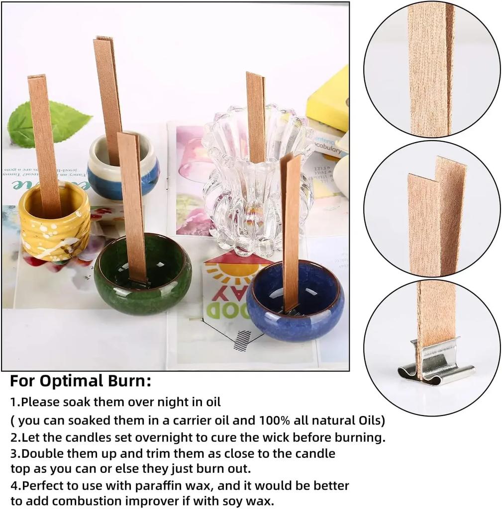 Wooden Wick Candle Making Kit with Clip Base Natural Smokeless DIY Candle Jar Supplies for Homemade Soy Wax Crafting Tools
