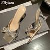 Fashion Eilyken Summer Glitter Crystal Butterfly-knot Slippers Women Fashion Square Toe Transparent Low Heels Female Slides Shoes