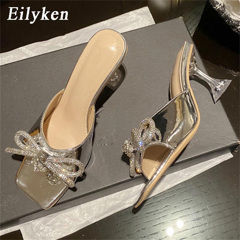 Fashion Eilyken Summer Glitter Crystal Butterfly-knot Slippers Women Fashion Square Toe Transparent Low Heels Female Slides Shoes