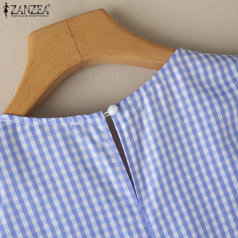 ZANZEA Women Square Collar Short Sleeve Casual Grid Print Blouse