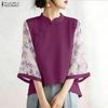 Women Casual Print Sheer Splice 3/4 Sleeve Stand Collar Blouse