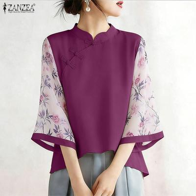 Bluză casual de damă cu imprimeu, inserții transparente, mânecă 3/4, guler drept