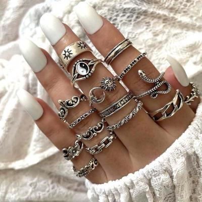Vintage Gossip Sun Moon Snake Leaf Flower Joint Ring 16-piece Set