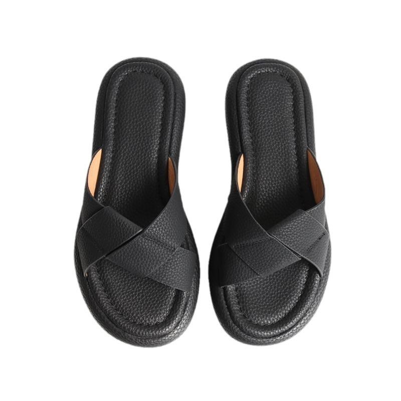 Ins Leichtgewicht~ Riesig einfach zu tragen! Innen und außen Vollleder Dicksohlige Muffin Zehenfreie Hausschuhe für Damen Sommerbekleidung lässig eins-