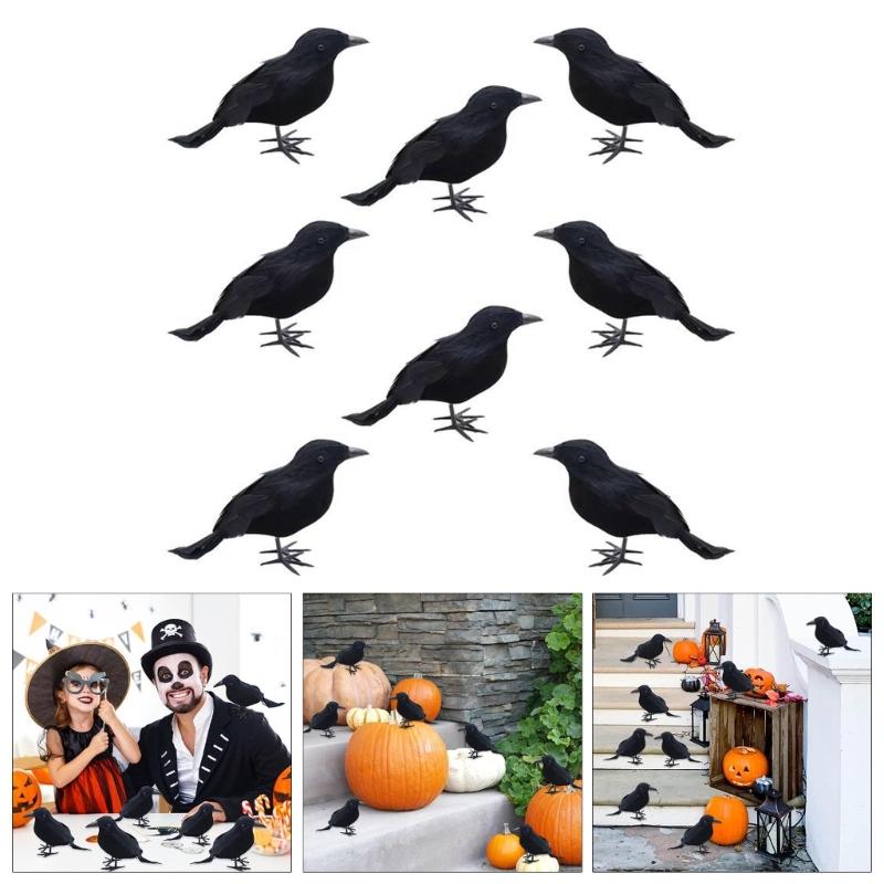 Set of 8 Black Feathered Crow Birds Halloween Scene Decors Halloween Party Props Decorations for Haunting House