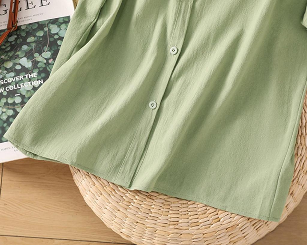 Short Loose Cotton Large Size [ODFMCE] Women's Shirt, Sleeve, Summer, Fit, Linen, Plain, Slimming, Thin, Stylish, Office, (JP, Alphabet, 2XL, Green)