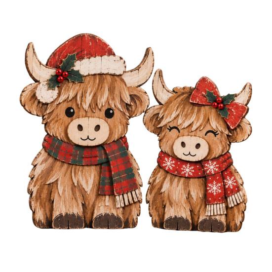Rustic Christmas Table Centerpieces 2Pcs Highland Cow Ornament Set, Decorative Wooden Tabletop Farmhouse Tiered Tray Decor Figurine for Holiday