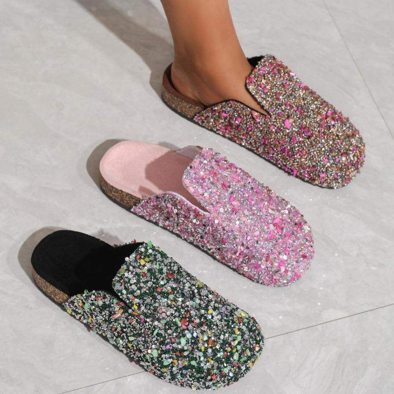 Women's Spring and Autumn Sequined Half Slippers with Cork Toe Caps Comfortable and Casual Non Slip Flat Bottomed Sandals