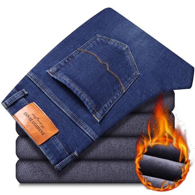Winter Men's Warm Black Jeans Classic Style Business Stretch Denim