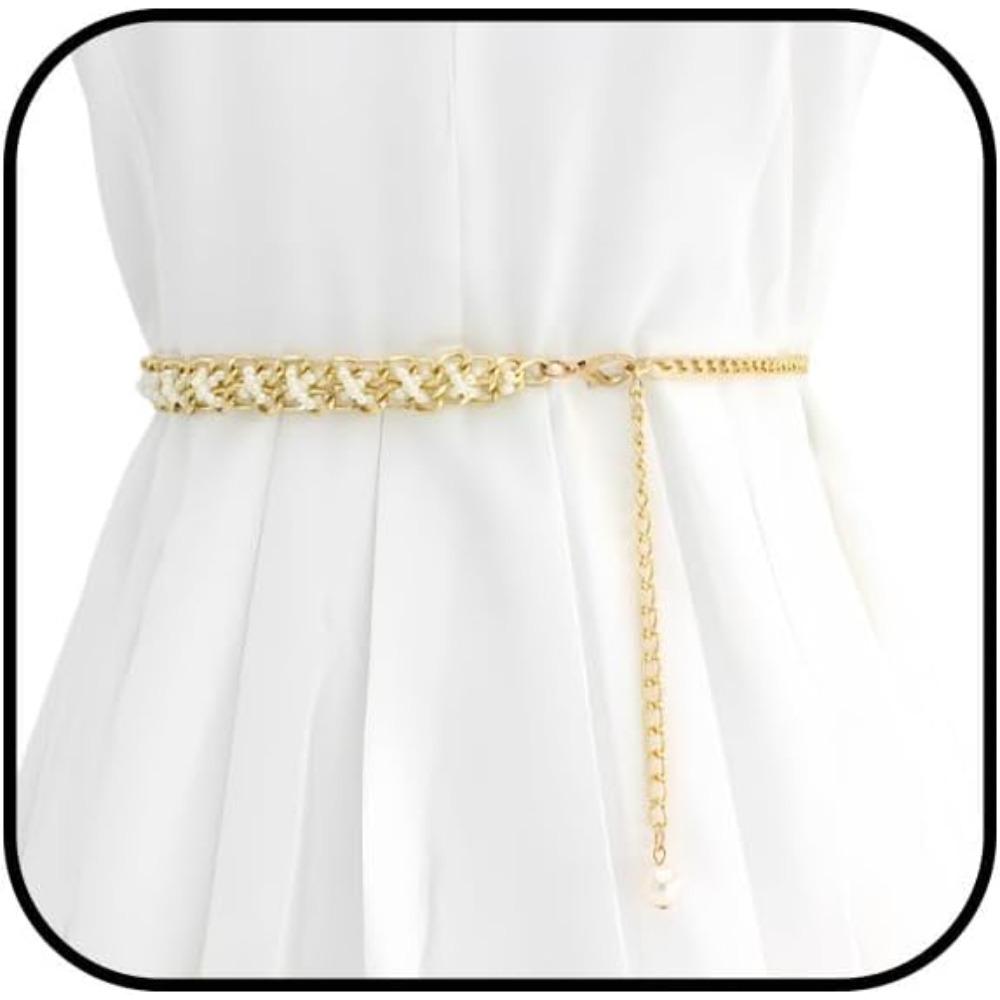 Gold Pearl waist belt for Women Adjustable Waist Chain with Flower Pearl Beads, Decorative Link Chain Belt for Dresses Formal Gowns