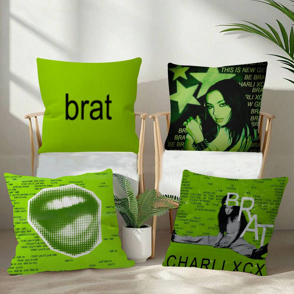 Singer CCharli XCX BRAT  Pillow Covers Cartoon Sofa Decorative Home Doublesided Printing Short Plush Cute Cushion Cover