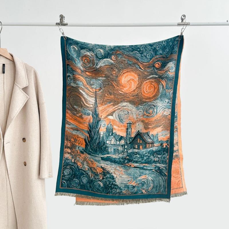 Autumn and winter new double-sided color oil painting series imitation cashmere thickened warm scarf women's air conditioner shawl