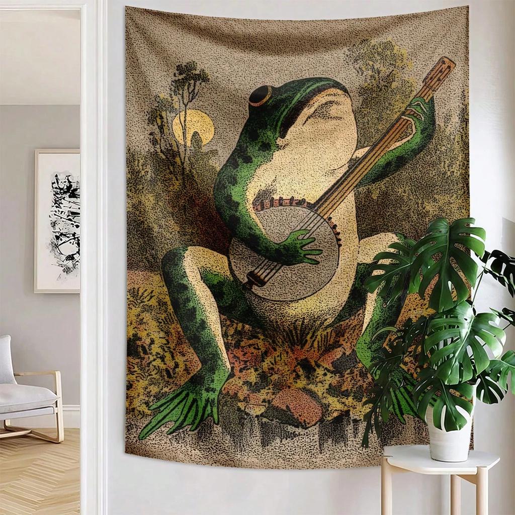 1Pc Retro Frog Tapestry, Banjo-Playing Animal 2D Print Decor, Polyester Material, All-Season For Bedroom Living Room Wall