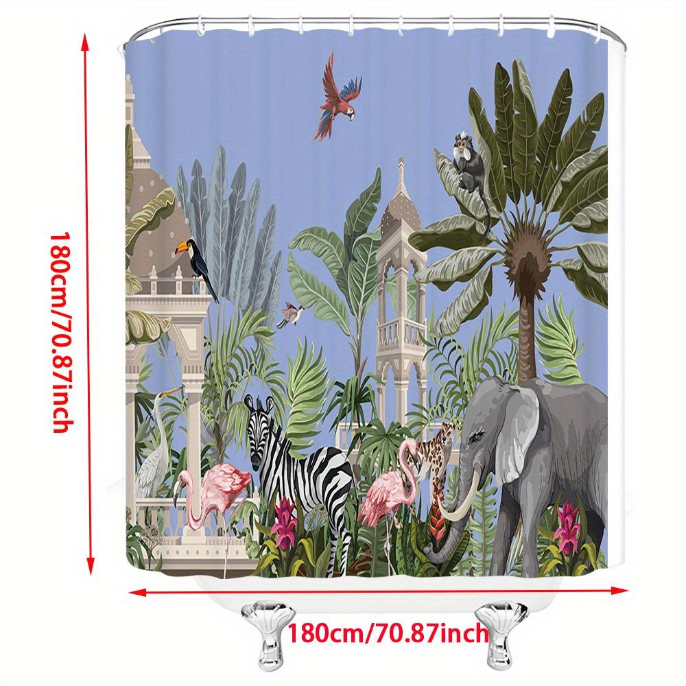 Tropical Jungle Shower Curtain, Elephant & Flamingo, Polyester, 12 Hooks, Machine Washable, Bathroom Decor