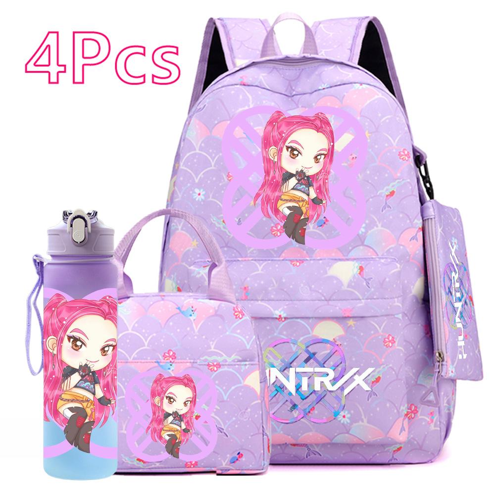 4Pcs/set Anime Cute K-POP Printed Backpack Large Capacity Bookbag HandBag Case Bag with 750ml Water Bottler Boy Girl SchoolBag Waterproof Mochila