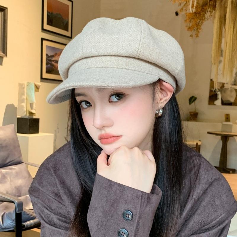 Women S Solid Color Wool Blend Octagonal Newsboy Cap Korean Style Versatile Warm