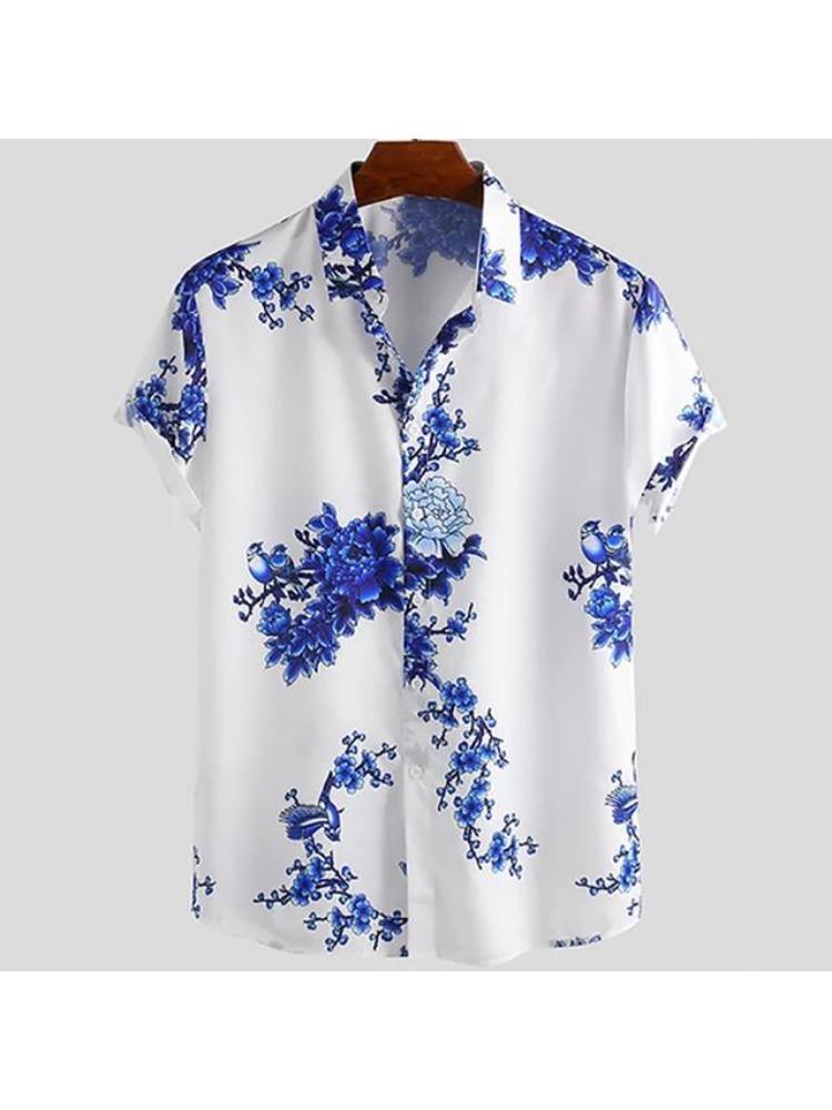 

Летние мужские гавайские рубашки с цветочным принтом, повседневные рубашки с коротким рукавом с 3D-принтом, рубашки на пуговицах с воротником, модная уличная одежда для мужчин 5XL
