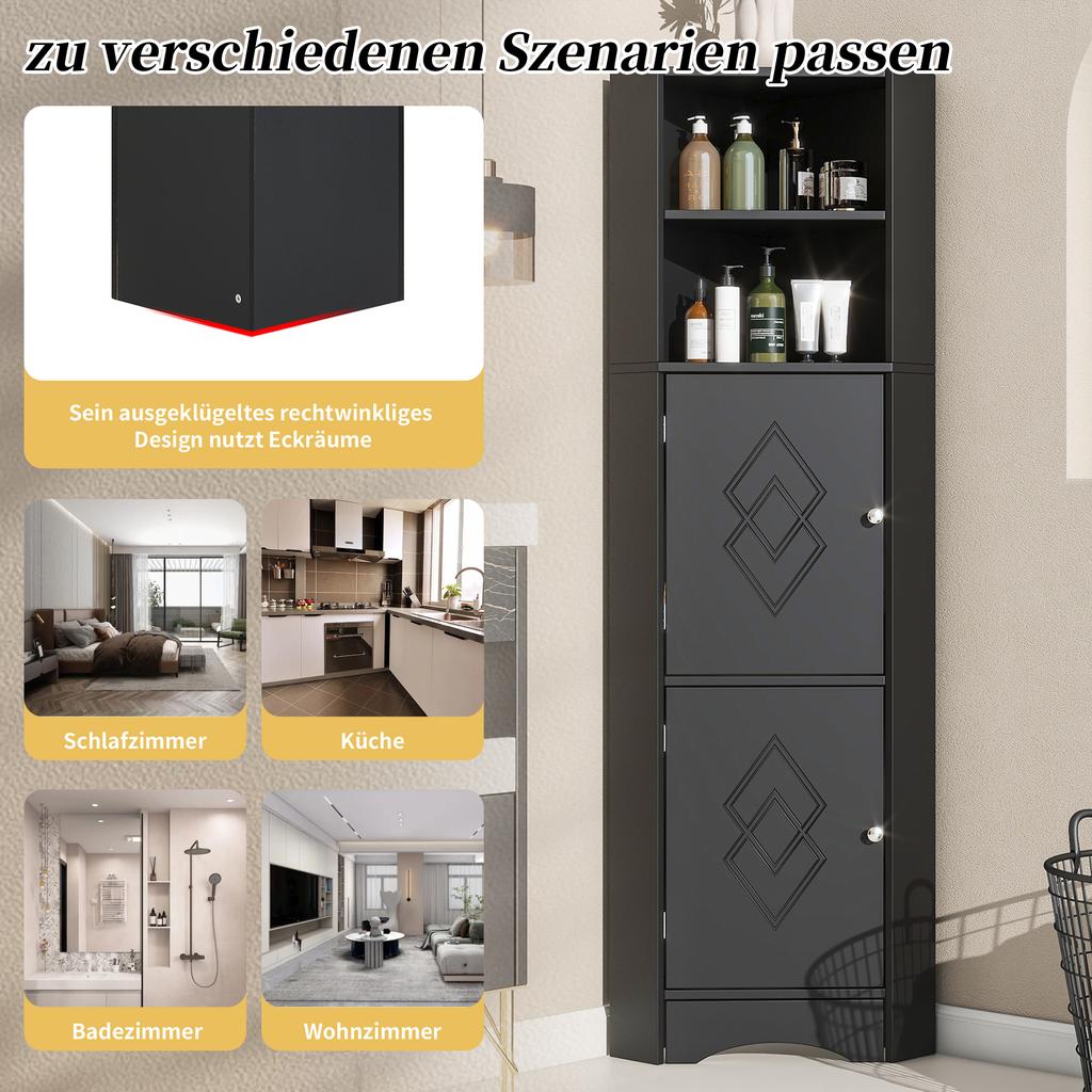 Bathroom Cabinet, Bathroom Furniture, Corner Cabinet with Two Storage Compartments, Open Compartment with Adjustable Shelf, 36.5x 36.5 x 155 cm, Black