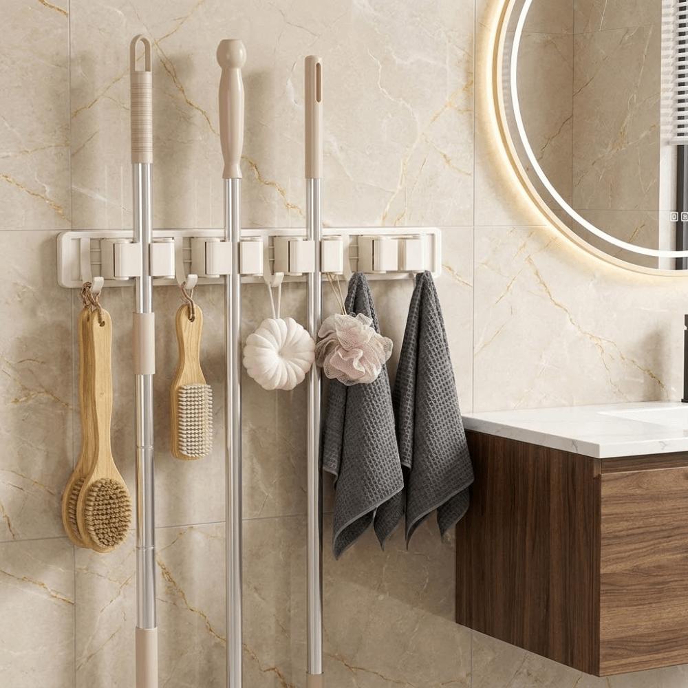 Removable Wall Mounted Mop Rack Space Aluminum Mop Broom Holder Suction Cup Mop Holder for Kitchen