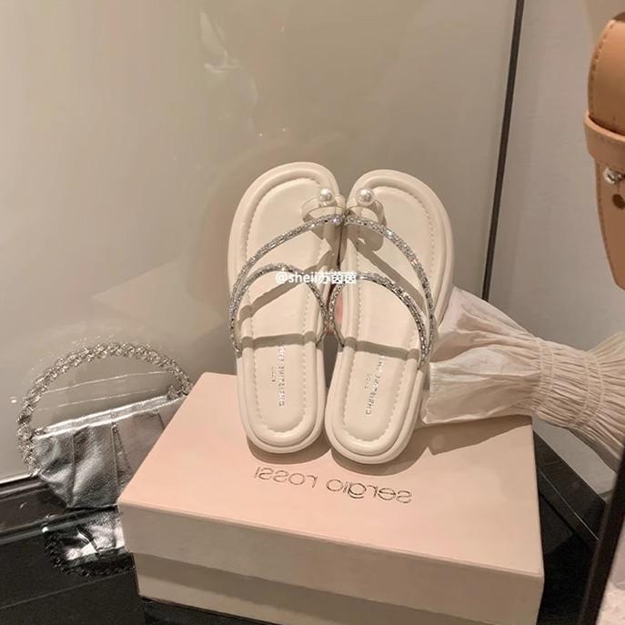 

[Су Иньинь в том же стиле] Жемчужные пуховки~ Набор страз Носок Повседневные Изысканные Сандалии на плоской подошве Женские тапочки для улицы Лето 40