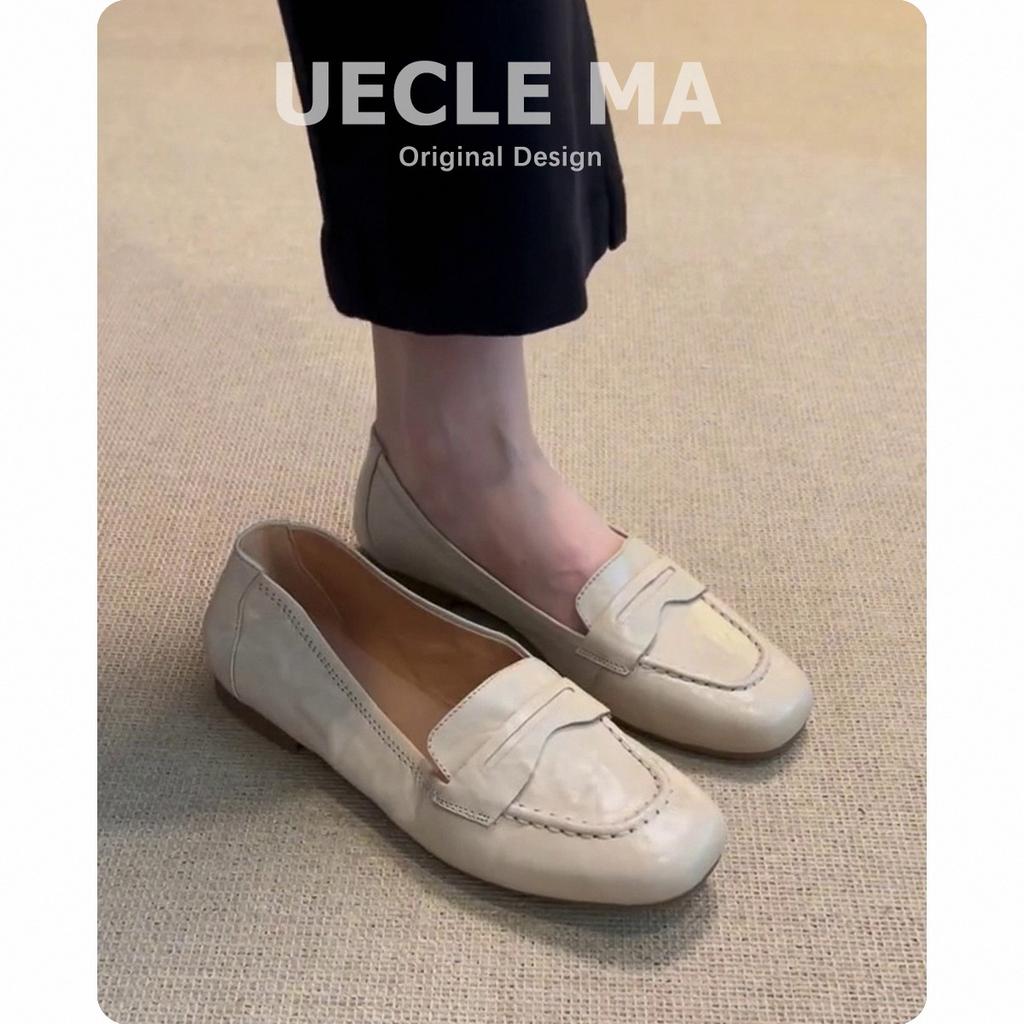 Cowhide~ Genuine leather handmade shoes Flat-soled single shoes Women's versatile square head small leather shoes French commuter shallow mouth loafer