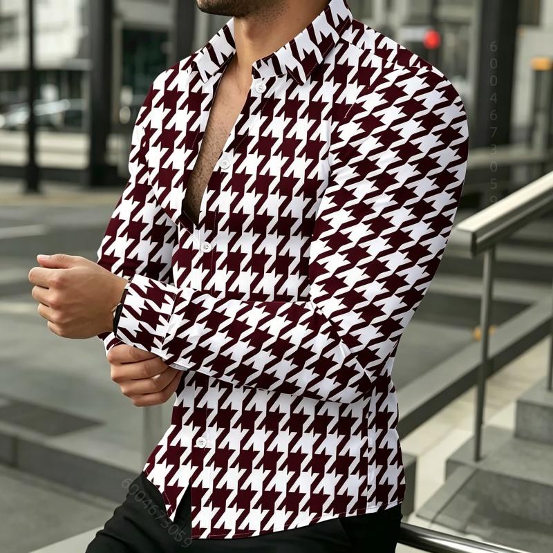 Men's Long Sleeved Shirt, Men's Retro Houndstooth Shirt, Black and White Contrasting Printed Fashionable Casual Men's Top