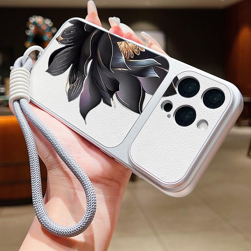 Black Lotus Floral Leather Lanyard Case For iPhone 18 Pro Max Hybrid TPU+PU Anti-skid Soft Cover For iPhone 17 16 15 14 13 Pro Max