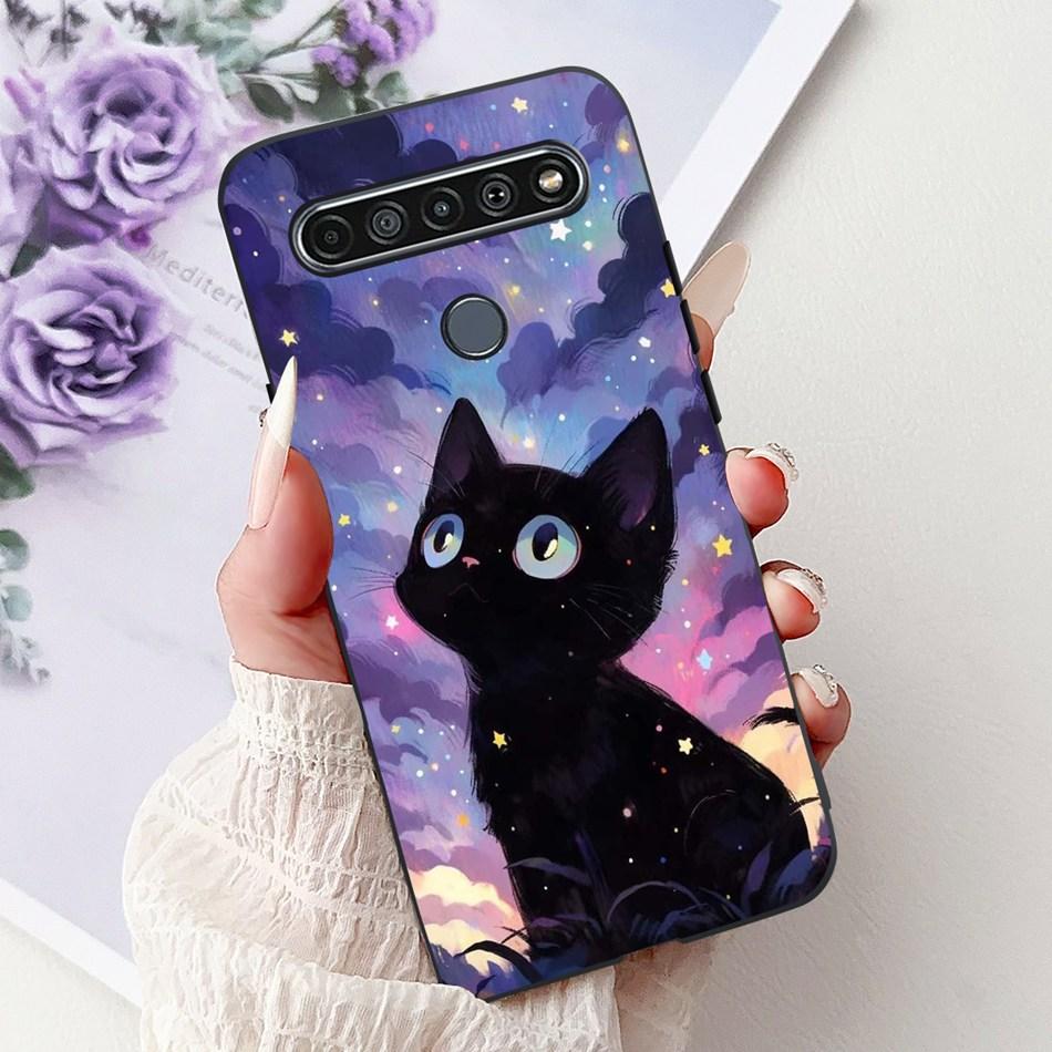 For LG K41S K51S 2020 Elegant Floral Cat Printed Phone Case For LG K41S K51S LM-K410 LM-K510 Black Silicone Soft Cases