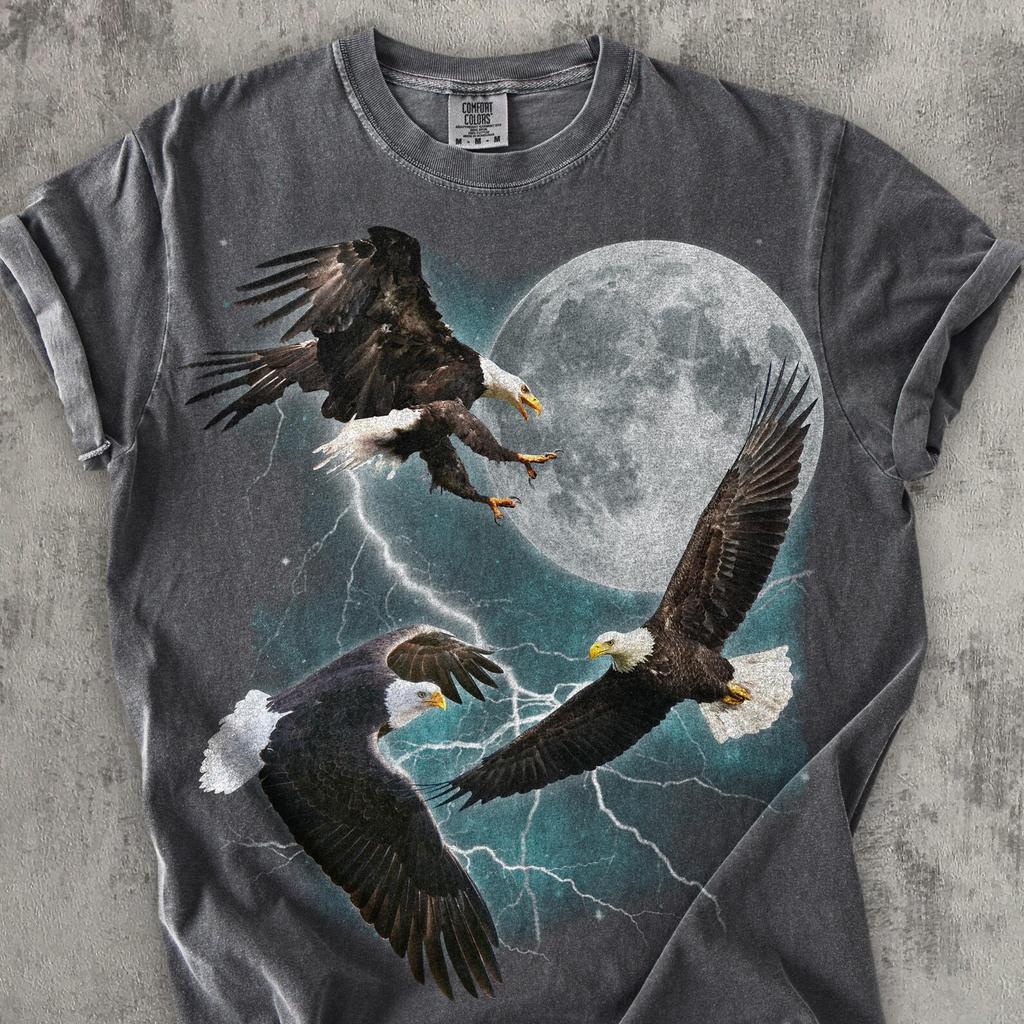 Three Eagles Mond T-Shirt, Vintage Grafik-T-Shirt, Retro Adler-Shirt, Natur-Nostalgie-T-Shirt, Geschenk für Sie Ihn, Unisex Baumwolle, Comfort Colors