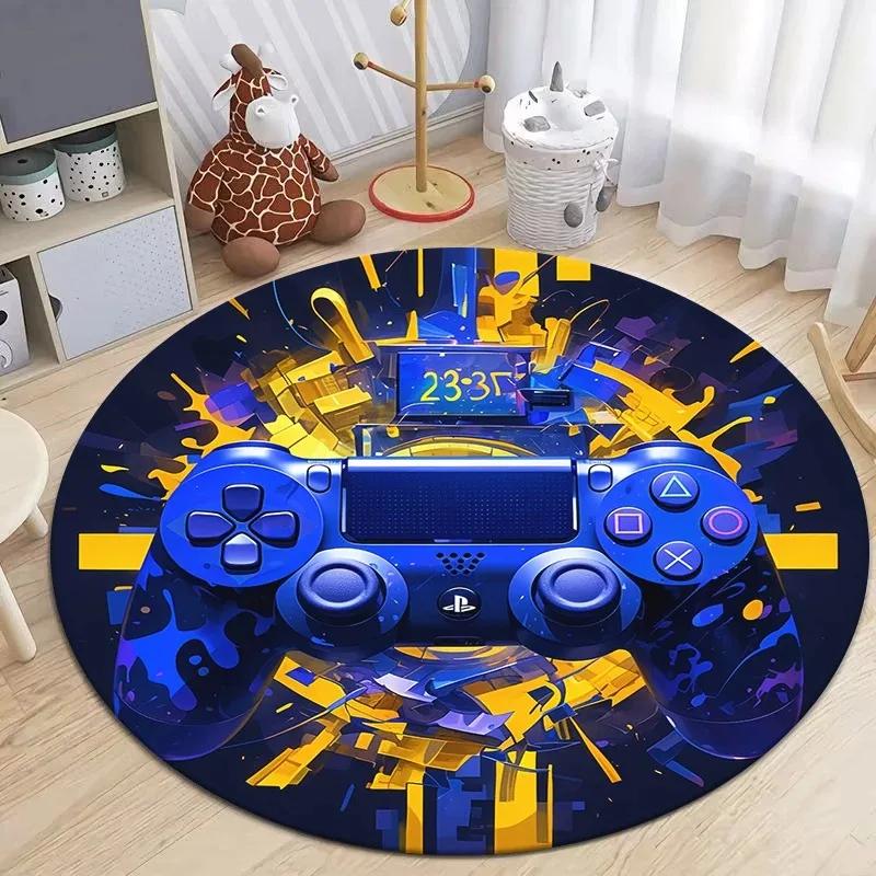 Game Controller Round Area Rug Cartoon Gamer Carpet Rug for Living Room Children's Bedroom Sofa Decor Non-slip Floor Mat
