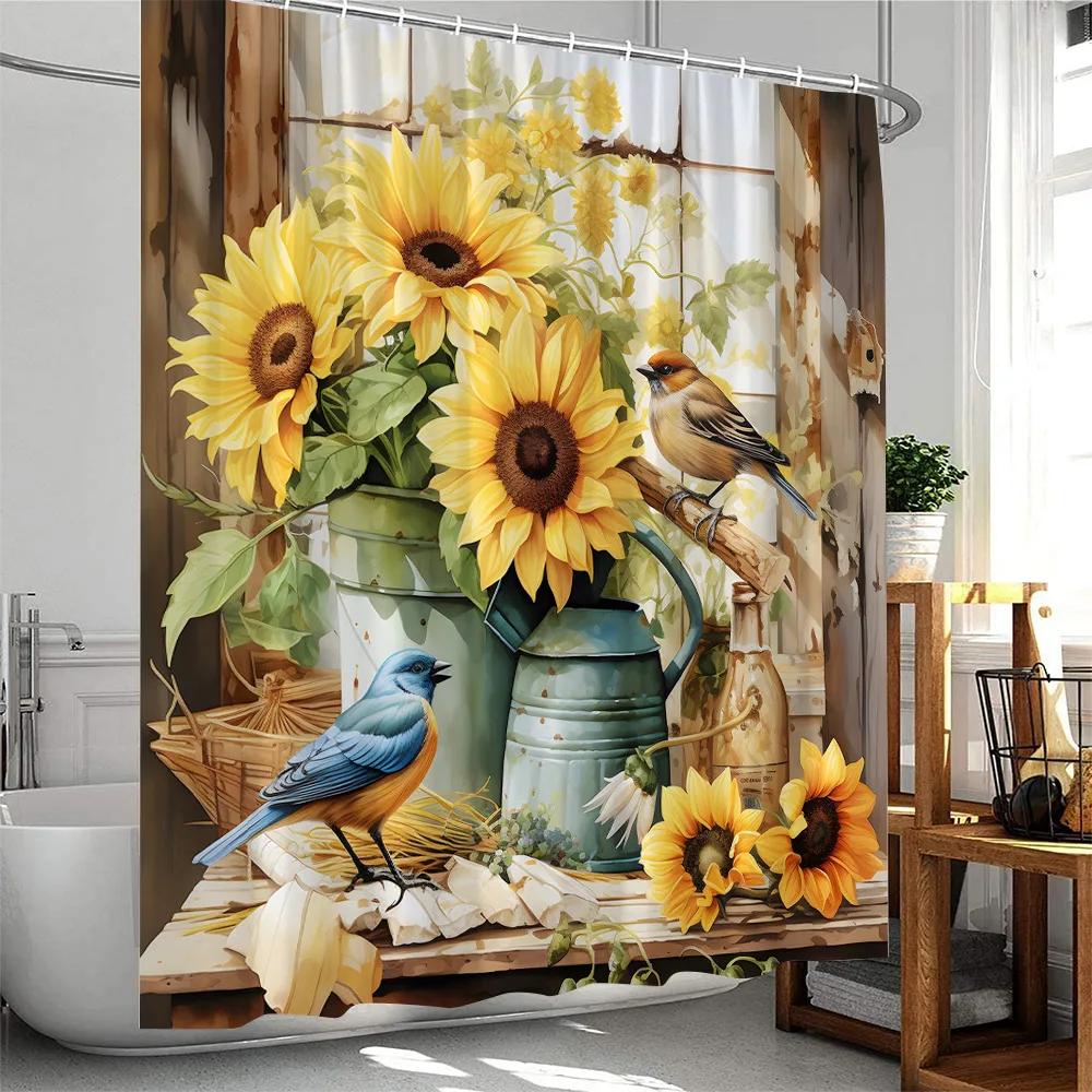Sunflower Farmhouse Shower Curtain Countryside  Autumn FLowers Birds Butterfly Floral Bathroom Decor Polyester Bathtub Curtain