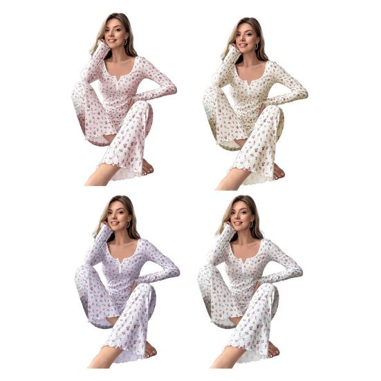 Women's Floral Long Sleeve Pajama Set Crop Top And Wide Leg Pants Sleepwear Set Casual 2 Piece Pjs Lounge Set