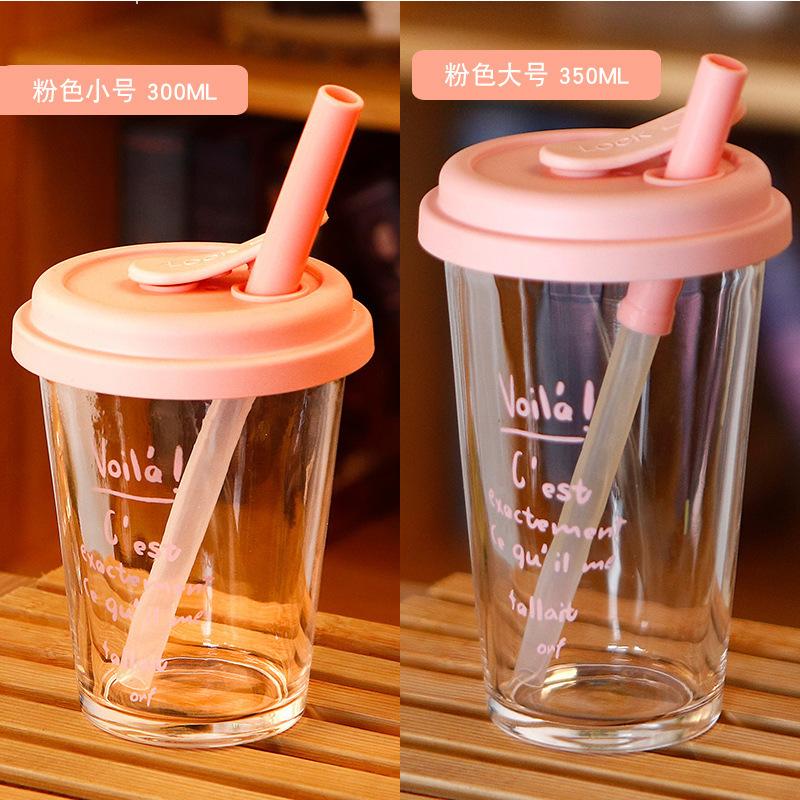 High Aesthetic Printed Straw Cup, Glass Cup with Lid, Portable Flip Over Student Water Cups, Beverage Beer Glass, Wine Glasses