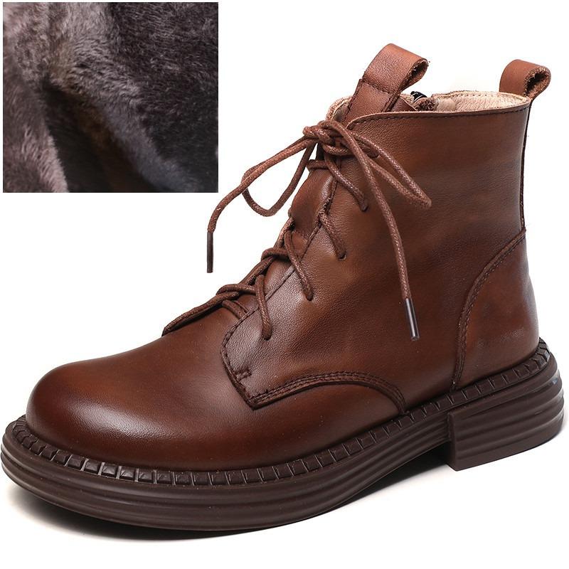 Winter Warm Boots Women Lace-Up Round Toe Flat Ankle Boots Handmade Retro Real Cowhide Side Zipper Plush Cotton Shoes