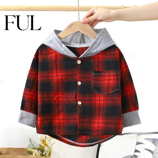 Lightweight Children Shirt Kids Plaid Hooded Spring Fall Chest Pocket Button Closure Loose Causal Boys Girls Toddlers Long Sleeves Top Jacket Sleeve